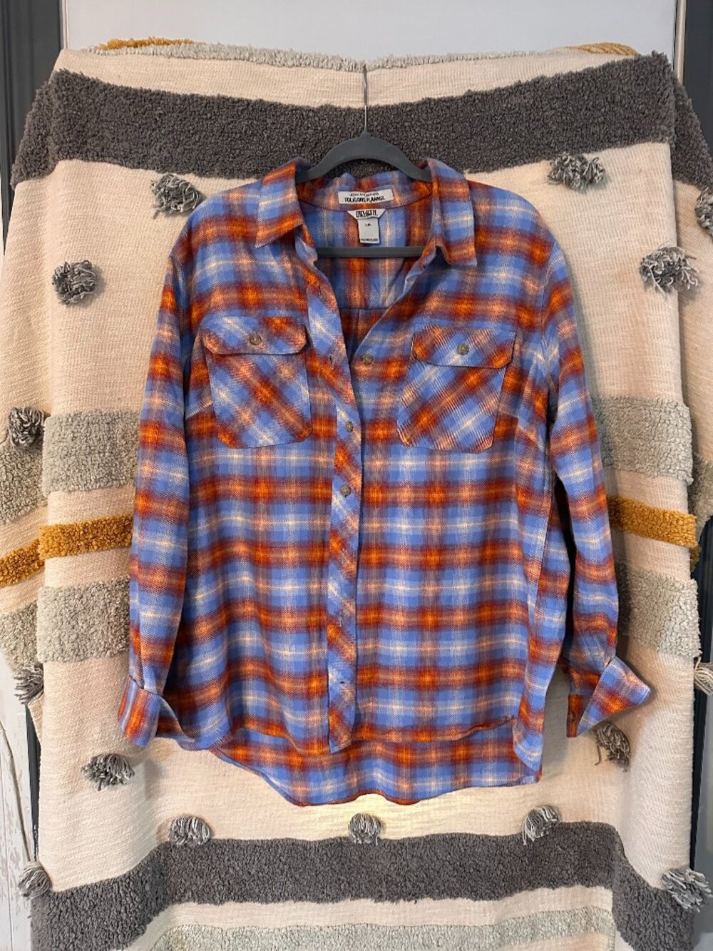 Duluth Trading Co Folklore Flannel Plaid Button Down Shirt Orange Blue - XXL
